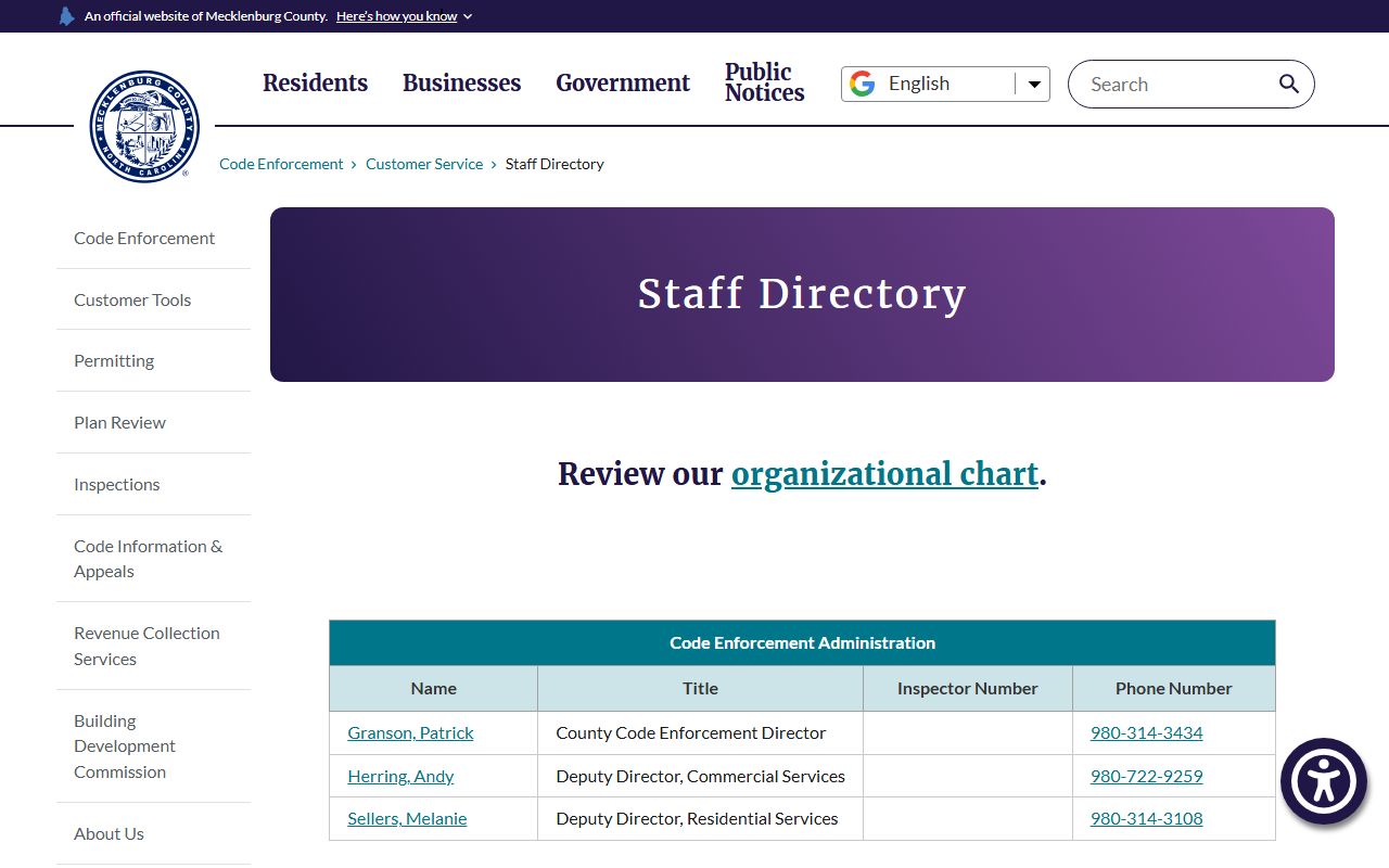 Cornelius phone directory Mecklenburg code enforcement staff screenshot