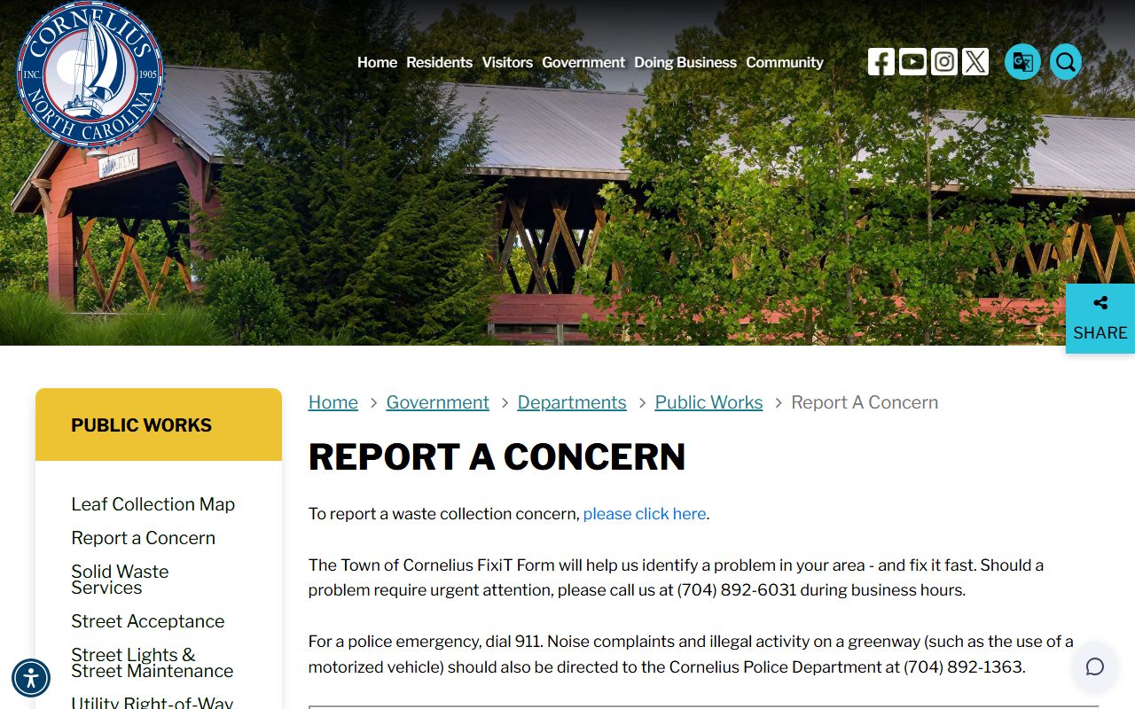 Cornelius phone directory FixiT public works screenshot