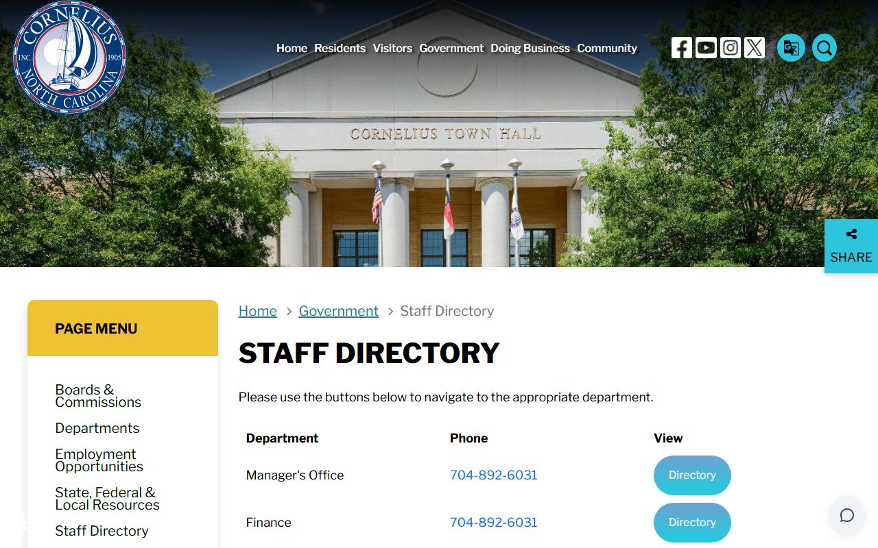 Cornelius phone directory town staff directory screenshot