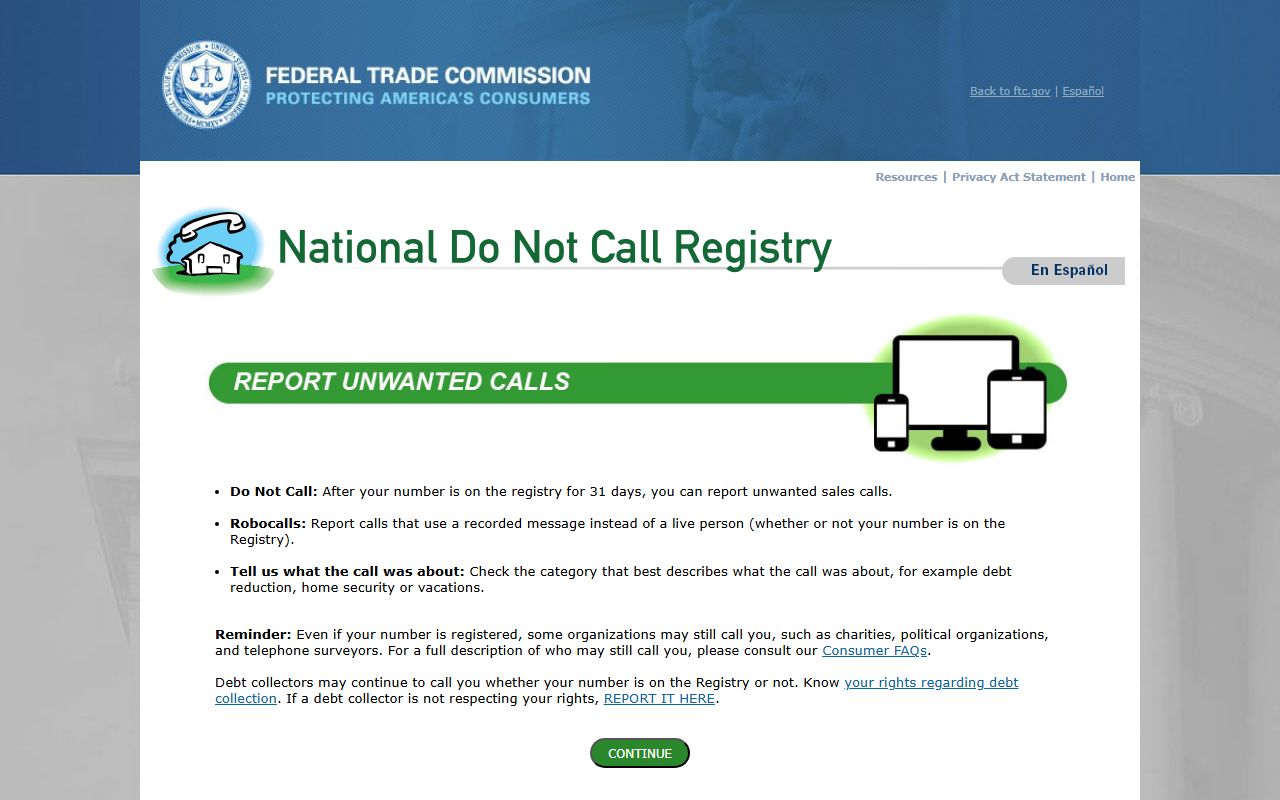 Cornelius phone codes FTC unwanted call report page